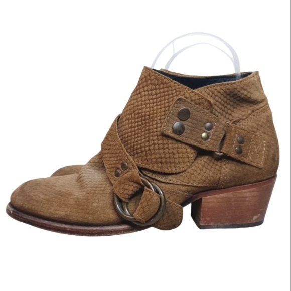 Free People Boho Leather Sz 38 Tortuga Strappy Suede Stacked Heel Booties - Picture 2 of 16